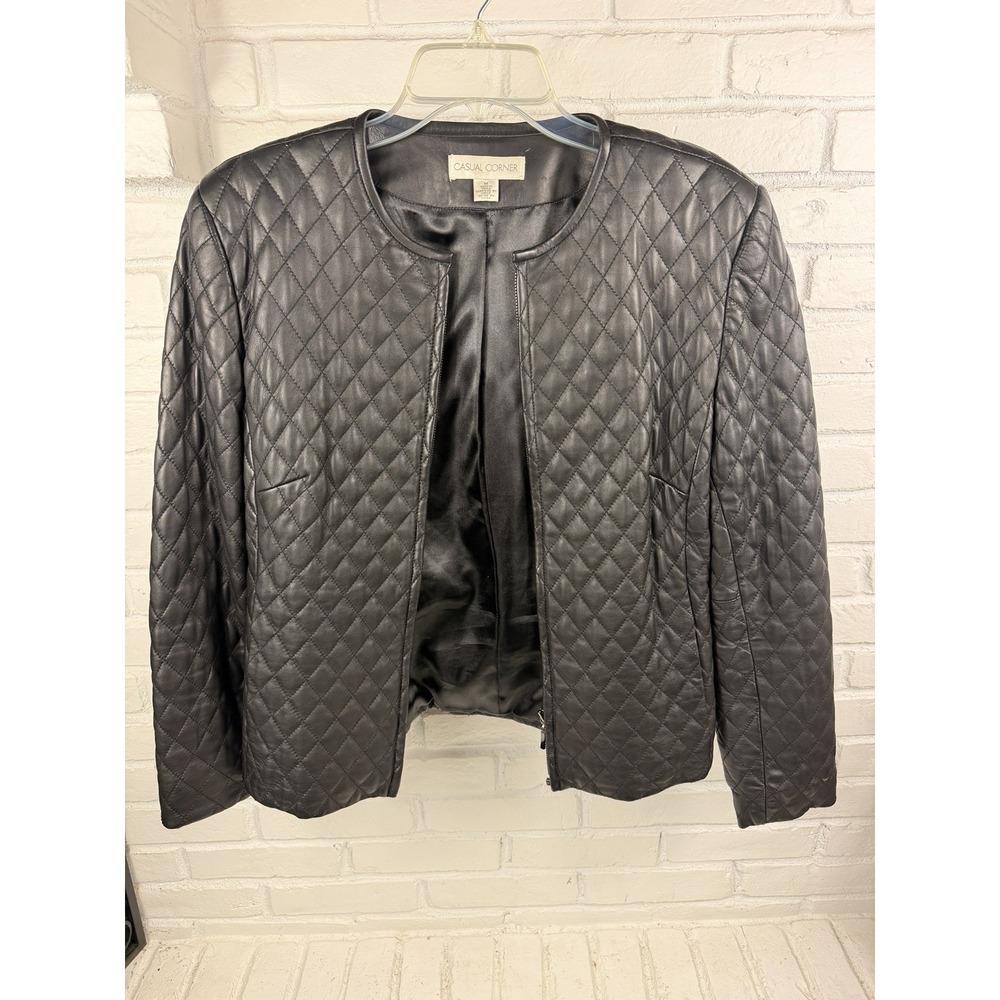 Quilted Leather Casual Corner M Black Genuine Leather Collarless Jacket Y2K
